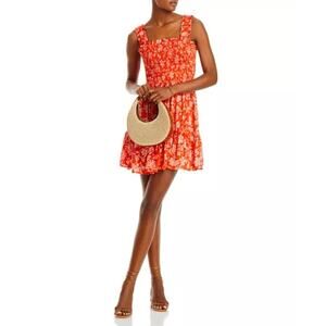 New AQUA Women’s Cotton Smocked Orange Floral Mini Summer Strapped Dress Size L